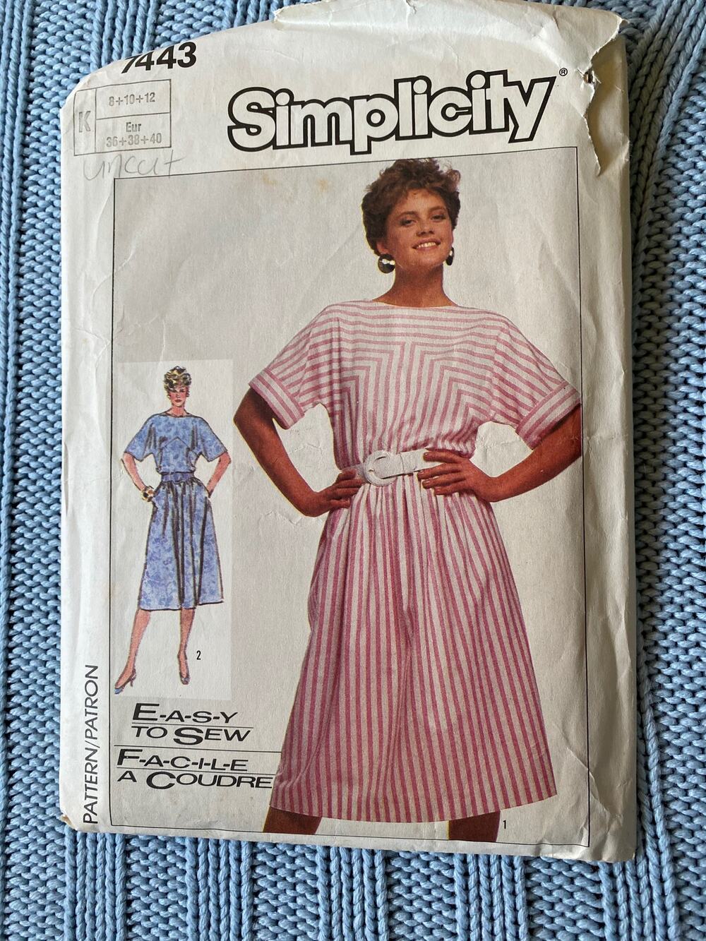 Simplicity 7443 Shirt dress pattern 1980s size 8 10 12